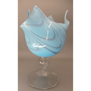 Vintage Pedestal Vase Murano Fazzoletto Sky Blue Italian Hankerchief